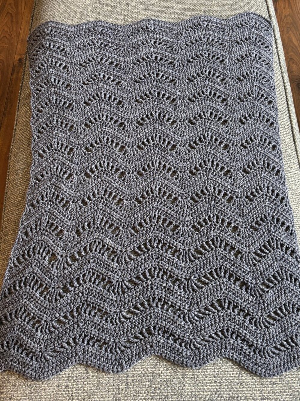 Handmade Blue Gray Baby Blanket Chevron Scalloped Edge 34x26 Infant Blanket